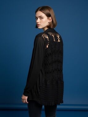 Vila Milano Black Open-Front Crochet Back Cardigan Sweater Med? #2340
